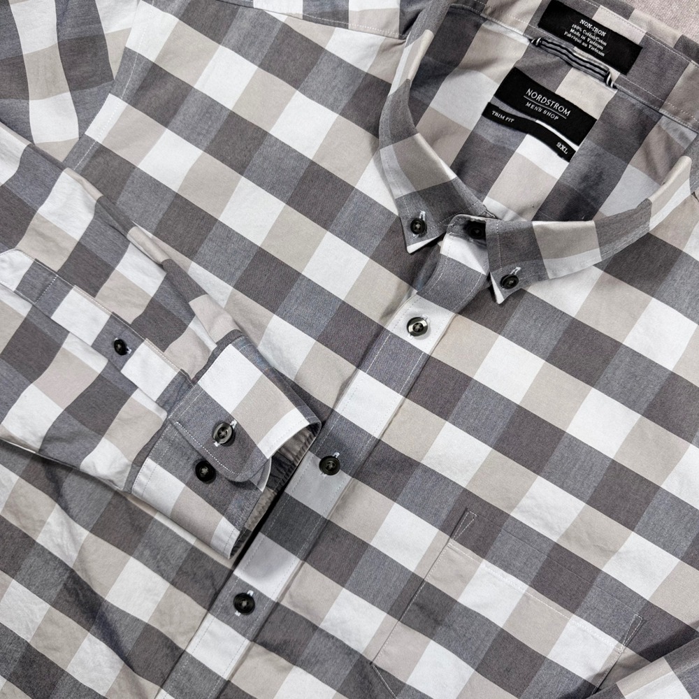 Nordstrom Mens Shop Grey White Check Non-Iron Cotton Trim Fit Shirt 2XL RN58665